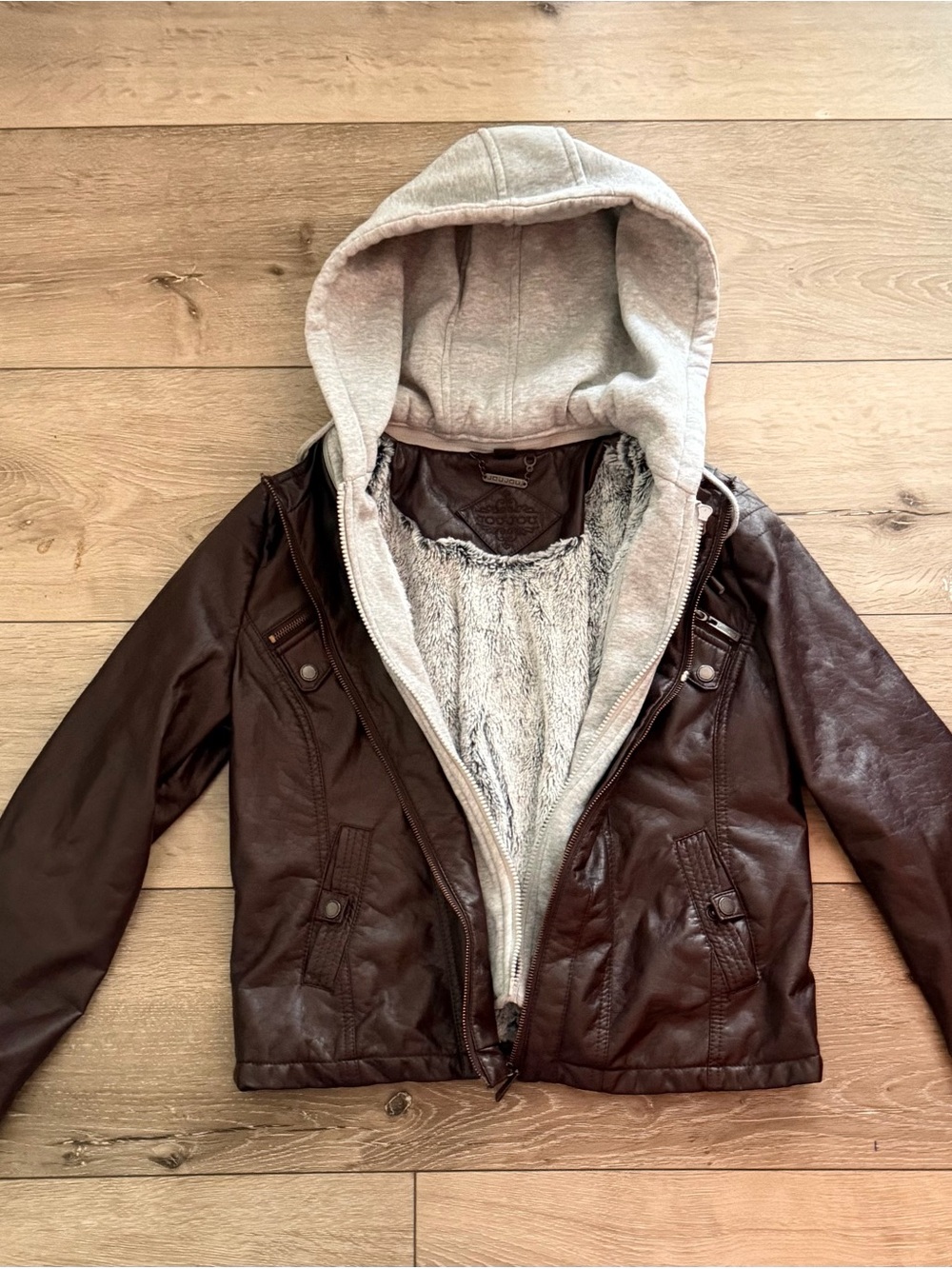 Jou Jou Brown Faux Leather Moto Jacket Sherpa Lined Hooded Y2K tagged size Large